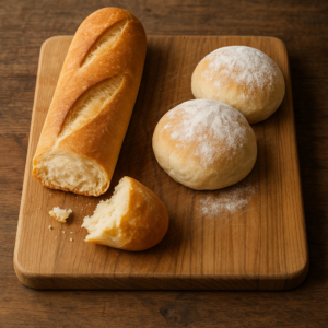 French bread and Waterford Blaa side by side on a wooden board