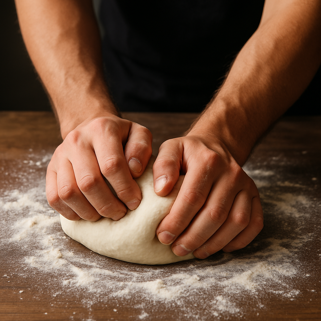 Hands kneading white bread dough on a floured table