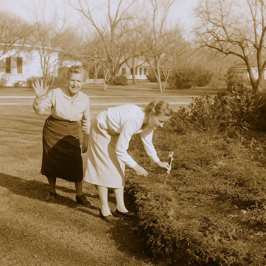 Grandmother Redmond and Great-Grandmother Copeland with pecan trees in the background